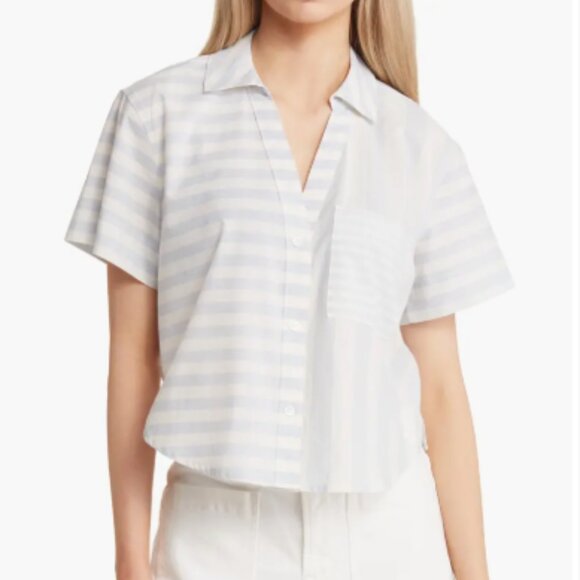 Madewell $80 Y-Neck Button Up Shirt Mixed Blue Stripe Size XL NL008 - Picture 1 of 4